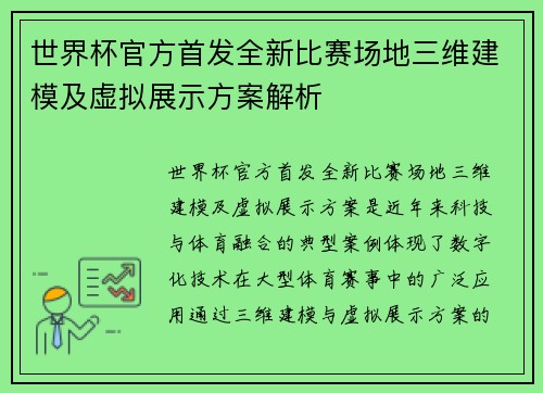 世界杯官方首发全新比赛场地三维建模及虚拟展示方案解析